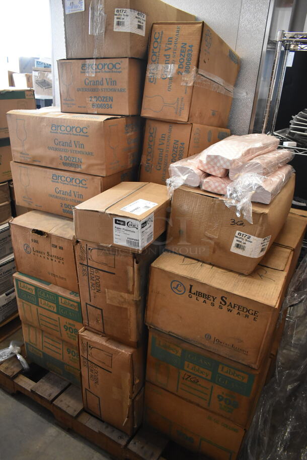 PALLET LOT of 26 BRAND NEW! Boxes Including 2 Box Libbey 908 10 Ounce Collins Glasses, 2 Box 8006934 Arcoroc Grand Vin Super Cuvee Glasses,  500PMBG Choice 10