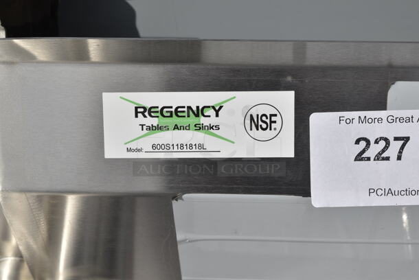BRAND NEW SCRATCH AND DENT! Regency 600S1181818L 38 1/2" 16-Gauge Stainless Steel One Compartment Commercial Sink with Stainless Steel Legs and 1 Drainboard - 18" x 18" x 14" Bowl. No Legs.  - Image 6 of 6