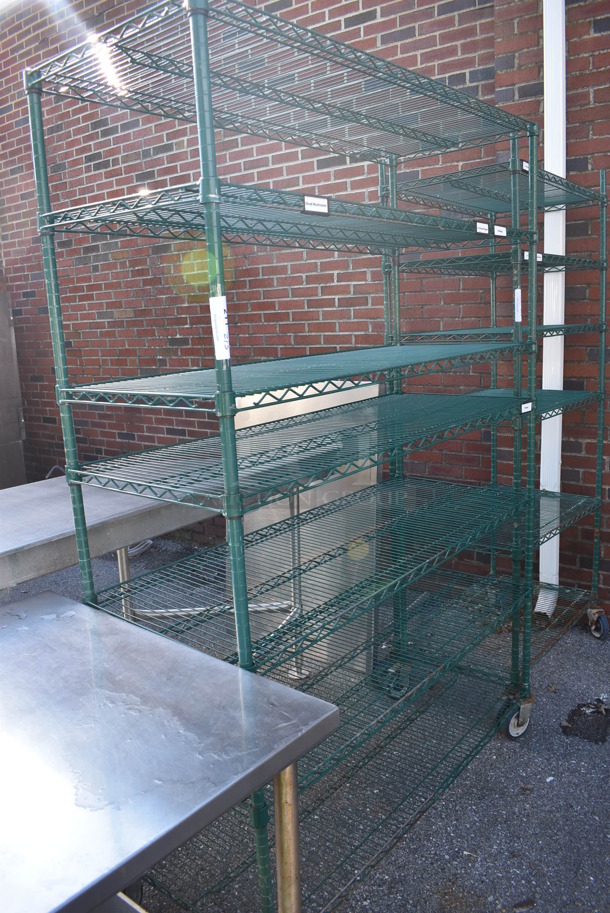 Green Finish 7 Tier Wire Shelving Unit on Commercial Casters. BUYER MUST DISMANTLE. PCI CANNOT DISMANTLE FOR SHIPPING. PLEASE CONSIDER FREIGHT CHARGES. 54x21x80