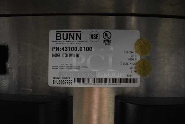2014 Bunn Model ITCB TWIN HV Stainless Steel Commercial Countertop Iced Tea Machine w/ Hot Water Dispenser and 2 Beverage Holder Dispensers. 120/240 Volts, 1 Phase. 20.5x25.5x34 - Image 5 of 6