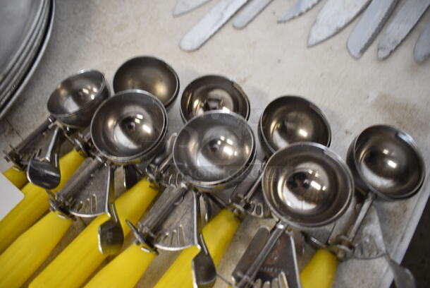 8 Stainless Steel Scoops w/ Yellow Handle. 8.5". 8 Times Your Bid! - Image 2 of 3