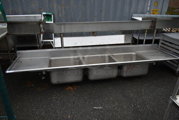 Stainless Steel Commercial 3 Bay Sink w/ Dual Drain Boards. No Legs. Bays 25x24. Drain Boards 22.5x27