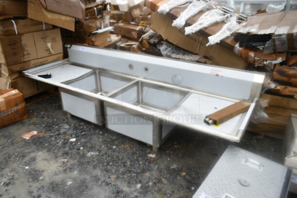 BRAND NEW SCRATCH AND DENT! Regency 600S22323224 96" 16 Gauge Stainless Steel Two Compartment Sink with Galvanized Steel Legs and 2 Drainboards - 23" x 23" x 12" Bowls. No Legs.  - Image 3 of 9