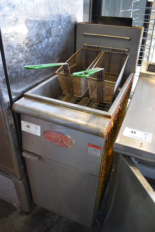 2016 Avantco Model FF300-N Stainless Steel Commercial Natural Gas Powered Deep Fat Fryer w/ 2 Metal Fry Baskets. 90,000 BTU. 15.5x30x48  - Image 2 of 5