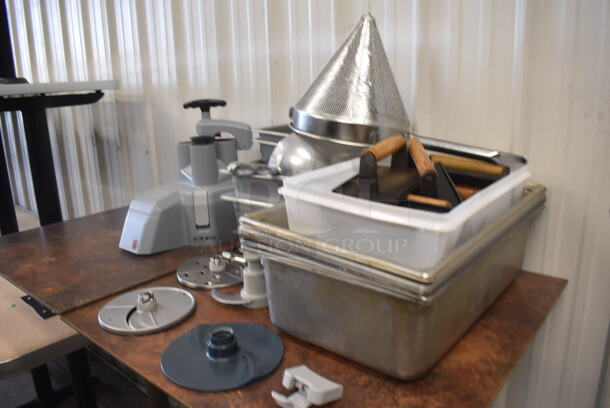 ALL ONE MONEY! Mega Lot of Stainless and Food Processor Parts Including Full Size Drop In Bins, Half and 1/6 Size Bins, Strainer, Scoop, Food Processor Continuous Feed Head, Various Blades and More! - Image 3 of 4