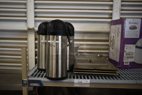 ALL ONE MONEY! Lot of 3 Air Pots, Metal Colander and 3 Stainless Steel Drop In Lids