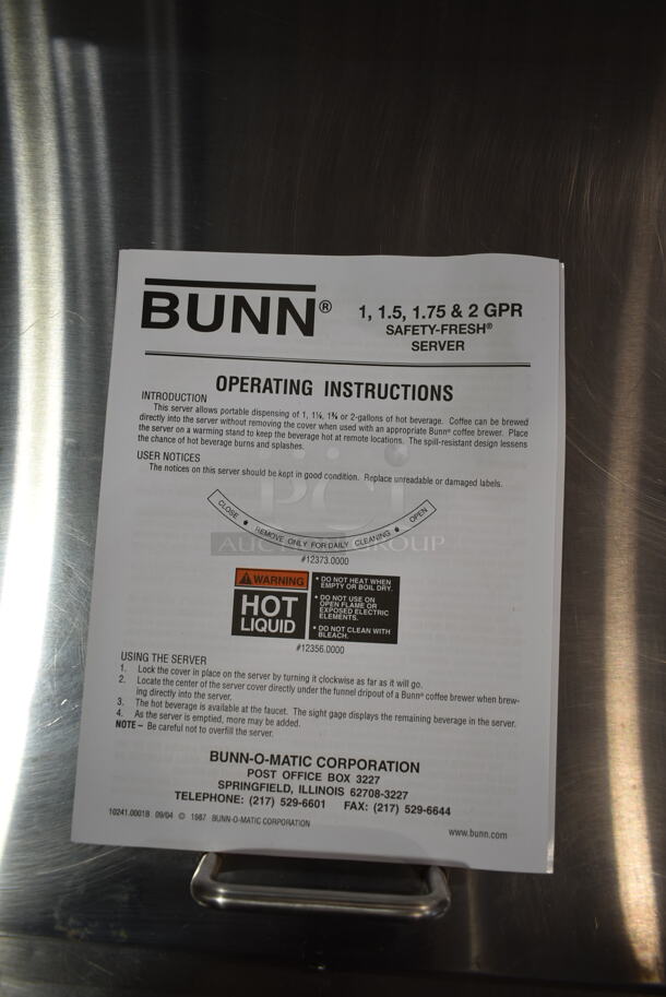 BRAND NEW SCRATCH AND DENT! 2023 Bunn SINGLE AXIOM 15 Stainless Steel Commercial Countertop Single 1 Gallon Coffee Brewer w/ Hot Water Dispenser, Metal Brew Basket and Server Satellite. 120 Volts, 1 Phase.  - Image 8 of 9
