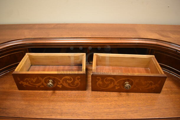 Ornate Hard Wood Victorian Style Writing Spinet Desk w/ 5 Drawers and 2 Cabinets. - Image 6 of 10