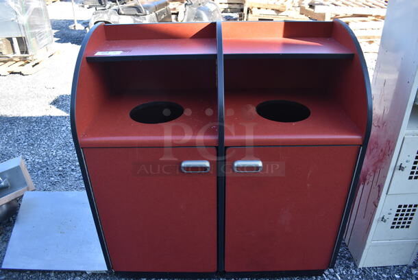 Red Double Trash Can Shell w/ Tray Return, Trash Deposit Hole, 2 Doors and Trash Can. 43x21x47
