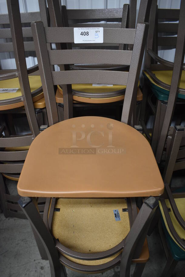 3 Brown Metal Dining Chairs w/ Tan Seat. Stock Picture - Cosmetic Condition May Vary. 17x16x32. 3 Times Your Bid!