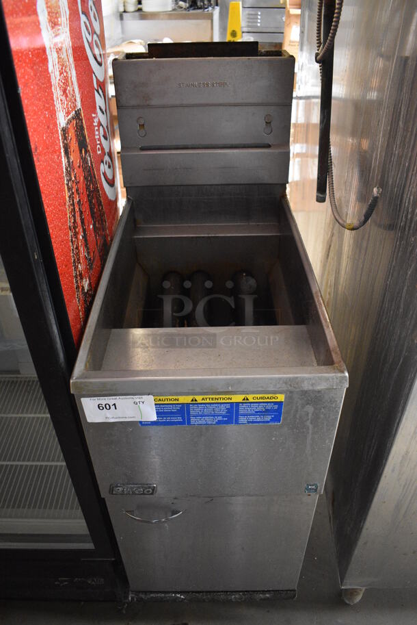 Pitco Frialator Stainless Steel Commercial Floor Style Gas Powered Deep Fat Fryer. 105,000 BTU. 15.5x30x47 - Image 1 of 5