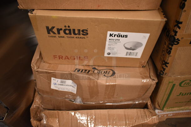 PALLET LOT of 36 BRAND NEW Boxes Including 395TO993 EcoChoice 9" x 9" x 3" Compostable Sugarcane / Bagasse 3 Compartment Takeout Container - 200/Case, 130IC10PCLW1M Choice 10 lb. Clear Wicketed Ice Bag with Ice Print - 1000/Case, 128HD12COMBO ChoiceHD Microwavable Translucent Deli Container, 7 Box Hollowick HD50-36 50 Hour "Smokeless" Clear Liquid Candle Fuel Cartridge - Not for Home Consumer Use - 48/Case, enMotion 59460A Dispenser, Acopa 553GD1535WS Wood Base for Acopa 3 and 5 Gallon Glass Beverage Dispensers,Jumbo Paper Straws, 2 Box 130PKROLLKFS Visions 17" x 17" Black Pre-Rolled Linen-Feel Napkin and Clear Heavy Weight Plastic Cutlery Set - 100/Case, Kraus KCU-273 Ceramic Sink. 36 Times Your Bid! - Image 12 of 12