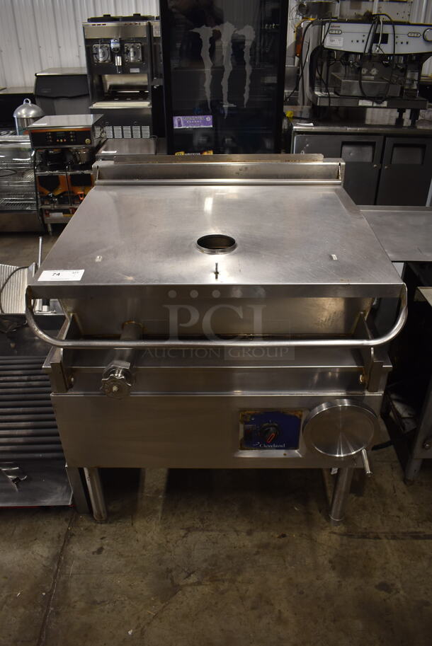 Cleveland Commercial Stainless Steel Natural Gas Powered Tilt Skillet On Galvanized Legs.