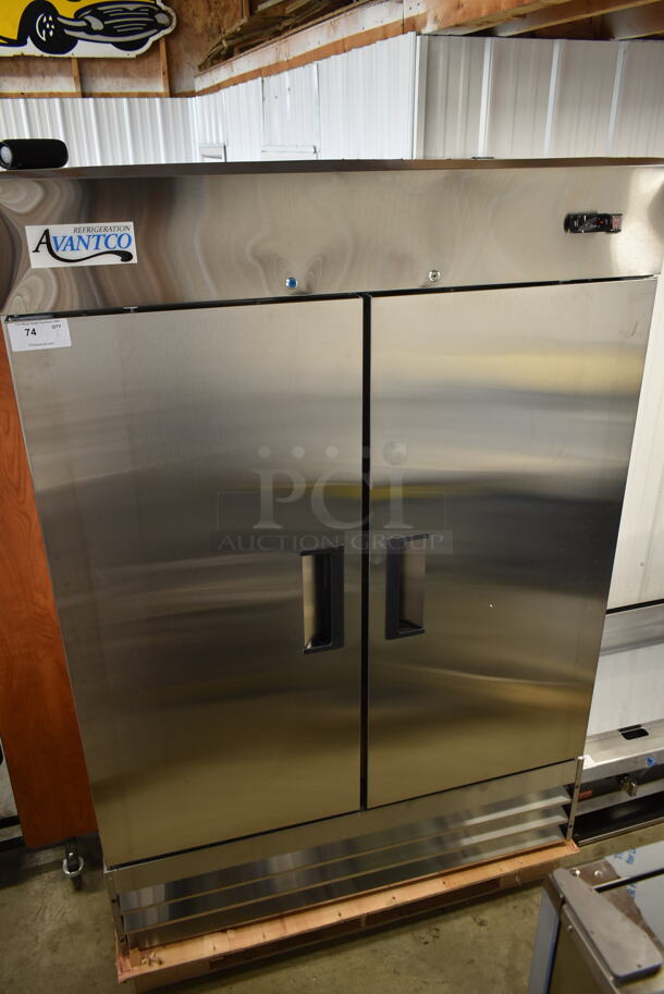 BRAND NEW SCRATCH AND DENT! 2022 Avantco 178A49FHC Stainless Steel Commercial 2 Door Reach In Cooler w/ Poly Coated Racks. 115 Volts, 1 Phase. Tested and Powers On But Does Not Get Cold - Image 1 of 8