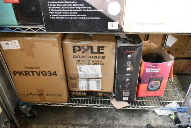 4 Various Items Including PKRTVG34 NutriChef Vertical Rotisserie Oven, Pyle PLQB10 10 inch 500 Watt Car Audio Speaker Subwoofer Bandpass Enclosure System, NCBS10S NutriChef 10 Piece Non-stick Bakeware Set, Masingo Karaoke Machine. 4 Times Your Bid!  - Image 1 of 10
