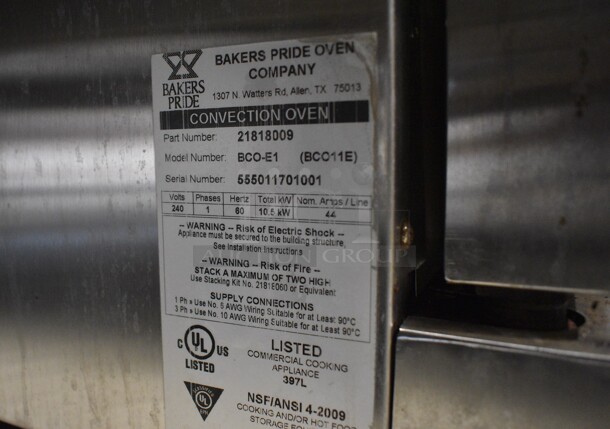 Baker's Pride Model BCO-E1 Stainless Steel Commercial Electric Powered Full Size Convection Oven w/ View Through Doors, Metal Oven Racks and Thermostatic Controls. Comes w/ 4 Legs! 240 Volts, 1 Phase. 38x38x27. 29" Legs. - Image 7 of 7