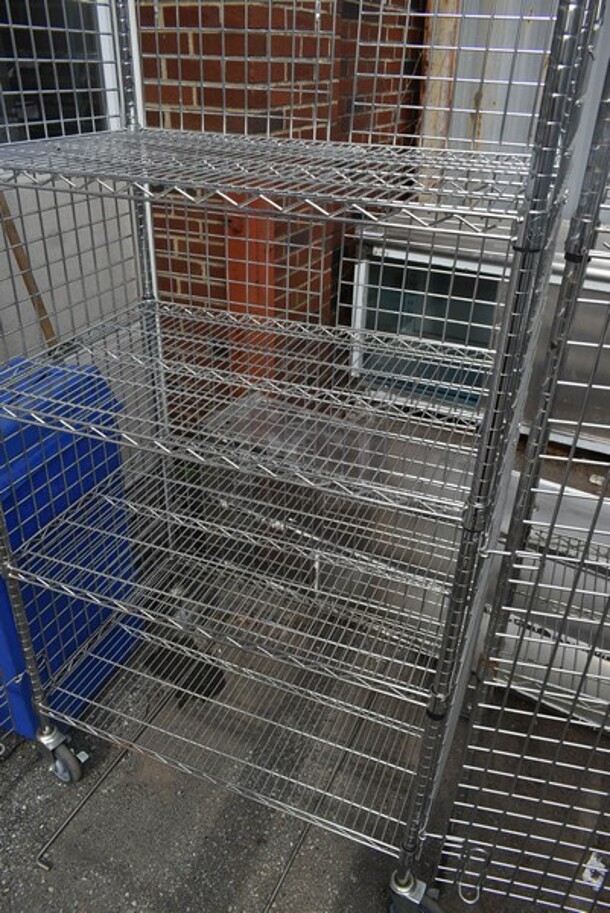 Chrome Finish 4 Tier Wire Shelving Unit w/ Liquor Cage on Commercial Casters. BUYER MUST DISMANTLE. PCI CANNOT DISMANTLE FOR SHIPPING. PLEASE CONSIDER FREIGHT CHARGES.  - Image 3 of 3