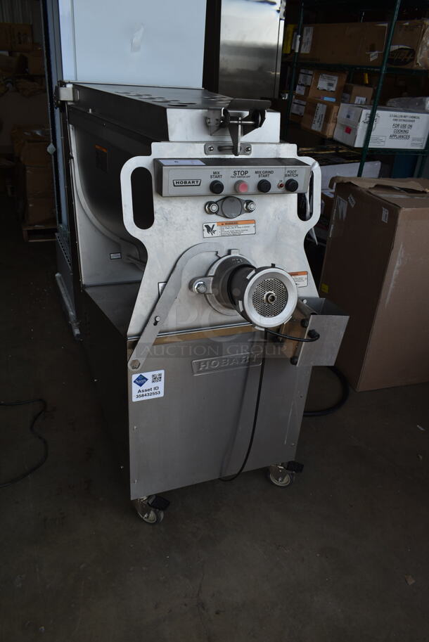 2023 Hobart MG2032 Metal Commercial Floor Style Electric Powered Meat Mixer Grinder w/ Foot Pedal on Commercial Casters. 208 Volts, 3 Phase. Tested and Working!