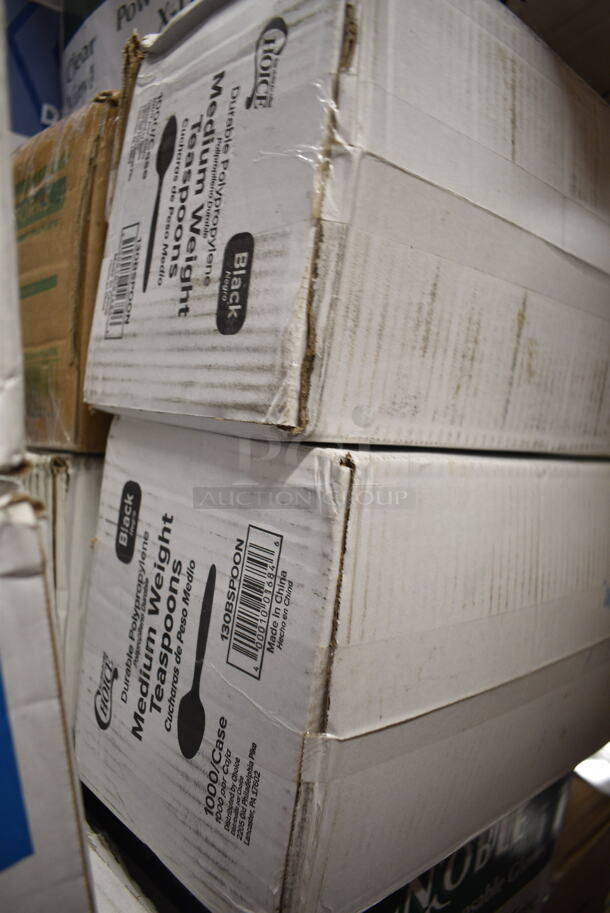 PALLET LOT of 45 BRAND NEW Boxes Including 5002386022BLK Lavex 55-60 Gallon 22 Micron 38" x 60" High Density Black Janitorial Can Liner / Trash Bag - 150/Case, 394365L Noble Products Powder-Free Disposable Clear Vinyl Gloves for Foodservice - Large - 1000/Case, 2 Box 130BSPOON Choice Medium Weight Black Plastic Teaspoon - 1000/Case, 394325L Noble NexGen Powder-Free Disposable Blue Hybrid 3 Mil Thick Gloves - 1000/Case, 5002CPTE Lavex 2-Ply White Center Pull Paper Towel 510' Roll - 6/Case, 612558HD Choice 8" Round Heavy Weight Foil Take-Out Pan - 500/Case, 3 Box Lavex Hardwound 665' Rolls, 128HD32COMBO ChoiceHD 32 oz. Microwavable Translucent Plastic Deli Container and Lid Combo Pack - 240/Case, 2 Box 346WKFSNSPM Choice White Medium Weight Wrapped Plastic Cutlery Pack with Napkin and Salt / Pepper Packets - 500/Case, 500CC12 Choice Clear PET Customizable Plastic Cold Cup - 12 oz. - 1000/Case, Tellus Round Domed Lids, 407PZS12BULK Choice Bulk 12" Aluminum Pizza Screen - 24/Case, 130LID16 Visions 16" Clear PET Plastic Round Catering Tray High Dome Lid - 25/Case. 45 Times Your Bid!  - Image 6 of 12