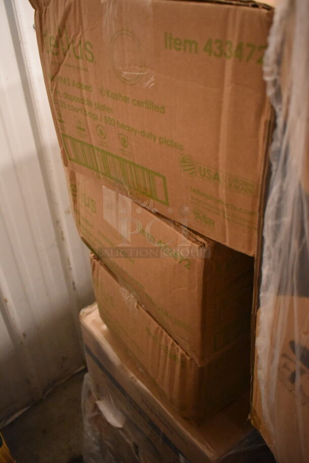 PALLET LOT of 24 BRAND NEW Boxes Including Vava01S1 9.0 Black Paris, 130GDFRK400C Visions 7 1/4" Classic Heavy Weight Gold Plastic Fork - 400/Case, 2 Box 795PTOKFT8 Choice Kraft Microwavable Folded Paper #8 Take-Out Container 6" x 4 5/8" x 2 1/2" - 300/Case, 2 Box 122MCS28B CHoice 28 oz Containers, 245CB12PLN Choice 12" x 12" x 2" Kraft Customizable Corrugated Plain Pizza Box - 50/Case, 500LFLAT Choice Clear Flat Lid with Straw Slot - 9, 12, 16, 20, and 24 oz. - 1000/Case, 2 Box 612605070HD Choice Full Size Heavy-Duty Foil Steam Table Pan Deep 3 3/8" Depth - 50/Case, 2 Box 500CC32P Choice Clear PET Plastic Cold Cup - 32 oz. - 500/Case, 2 Box 5002TPJPR1K Lavex Premium 2-Ply Jumbo 1000' Toilet Paper Roll with 9" Diameter - 12/Case, 3 Box 433472 Tellus Plates. 24 Times Your Bid!  - Image 11 of 12