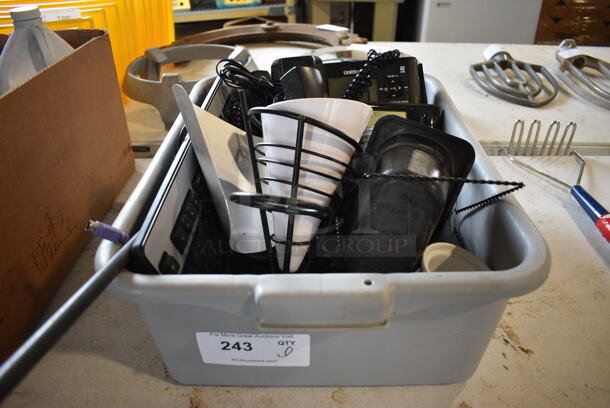 ALL ONE MONEY! Lot of Various Items Including Drop In Bin and Corded Office Telephones in Gray Bus Bin!