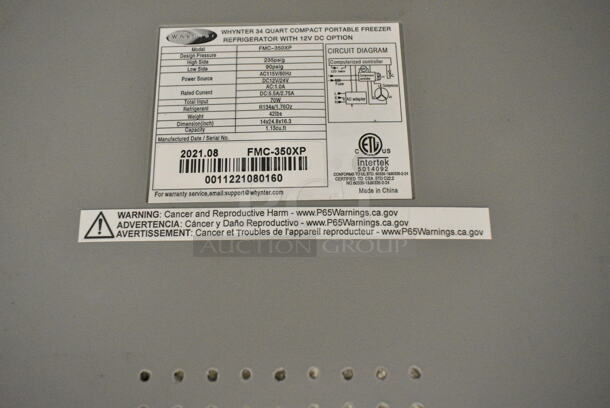 BRAND NEW SCRATCH AND DENT! Whynter FMC-350XP Metal Commercial Countertop 34 Quart Compact Fast Freeze Portable Refrigerator, Real Freezer for Car, Home, Camping, RV-8°F to 50°F. 110-120 Volts, 1 Phase. Tested and Working! - Image 9 of 9