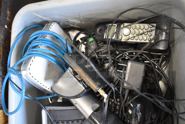 ALL ONE MONEY! Lot of Various Items Including Phone on Cradle and Various Wires in Gray Bus Bin! - Image 3 of 4