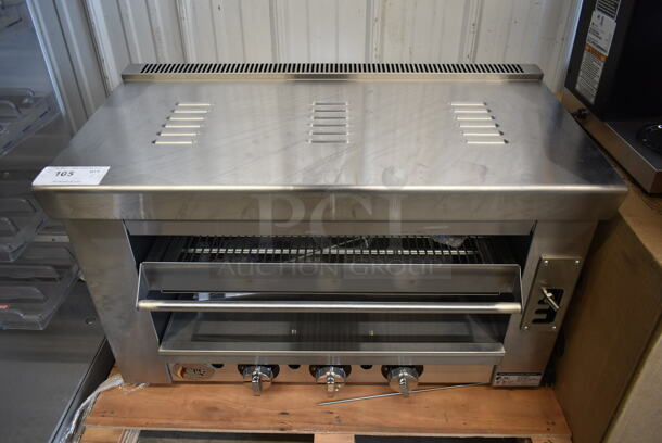 BRAND NEW SCRATCH AND DENT! Cooking Performance Group CPG 351S36SBN Stainless Steel Commercial Natural Gas Powered Salamander Broiler Cheese Melter. 36,000 BTU. Tested and Working! - Image 1 of 6