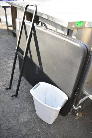 ALL ONE MONEY! Lot of Various Items Including Folding Table, Black Frame and White Poly Trash Can
