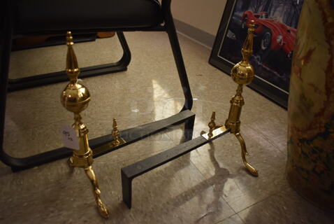 2 Gold Finish Metal Fireplace Andirons. 2 Times Your Bid! 