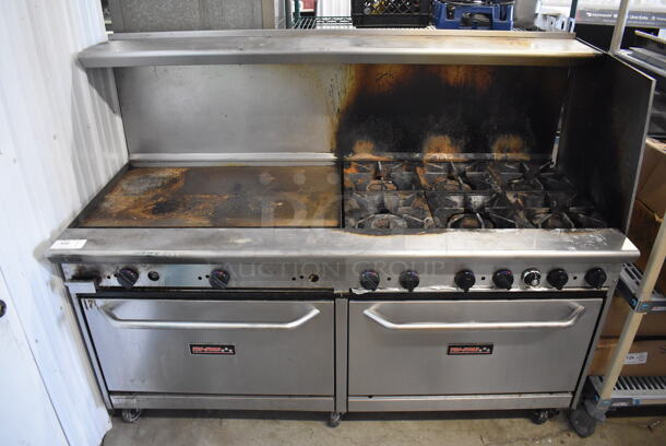 Tri-Star Stainless Steel Commercial Natural Gas Powered 6 Burner Range w/ Flat Top Griddle, 2 Ovens, Over Shelf and Back Splash on Commercial Casters. 72x32x58