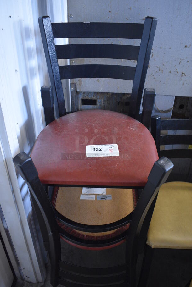 3 Black Metal Dining Chairs w/ Red Seat Cushion. 17x16x32. 3 Times Your Bid!