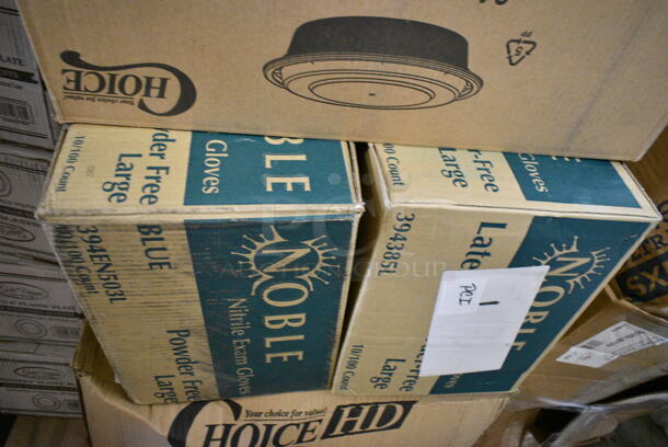 PALLET LOT of 30 BRAND NEW Boxes Including 4 Box 347RPBD6WHGD Visions 6" White Plastic Plate with Gold Bands - 150/Case, 2 Box 129MCR24B Choice 24 oz. Black Round Microwavable Heavy Weight Container with Lid 7 1/4" - 150/Case, Carnival King 32 oz Popcorn Cups, 130HFWH1M Visions White Heavy Weight Plastic Fork - Case of 1000, 129MCR24B Choice 24 oz. Black Round Microwavable Heavy Weight Container with Lid 7 1/4" - 150/Case, 394EN503L Noble Products Powder-Free Disposable Blue Exam Grade Nitrile 4 Mil Thick Textured Gloves - Large - 1000/Case, 394385L Noble Products White Powder-Free Disposable Latex Gloves for Foodservice - Large - 1000/Case, Choice 8 oz Deli Container, 3 Box 34385L Noble Large Gloves, 24 oz Clear Hinged Deli Container, 128HD8COMBO ChoiceHD 8 oz. Microwavable Translucent Plastic Deli Container and Lid Combo Pack - 240/Case, 129MCR24B Choice 24 oz. Black Round Microwavable Heavy Weight Container with Lid 7 1/4" - 150/Case, 553SLB129 Acopa Weave 9" x 6" Oval Natural Woven Plastic Rattan Basket - 12/Case, Dixie 10" Plates. 30 Times Your Bid! - Image 6 of 12