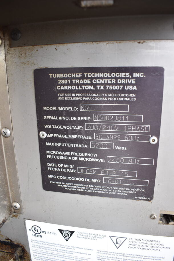 2015 Turbochef NGO Metal Commercial Countertop Electric Powered Rapid Cook Oven. 208/240 Volts, 1 Phase. 16x28x22 - Image 6 of 6