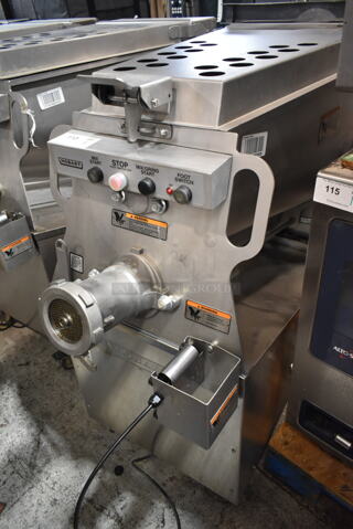 2019 Hobart MG2032 Metal Commercial Floor Style Electric Powered Meat Mixer Grinder w/ Foot Pedal on Commercial Casters. 208 Volts, 3 Phase. Tested and Working!