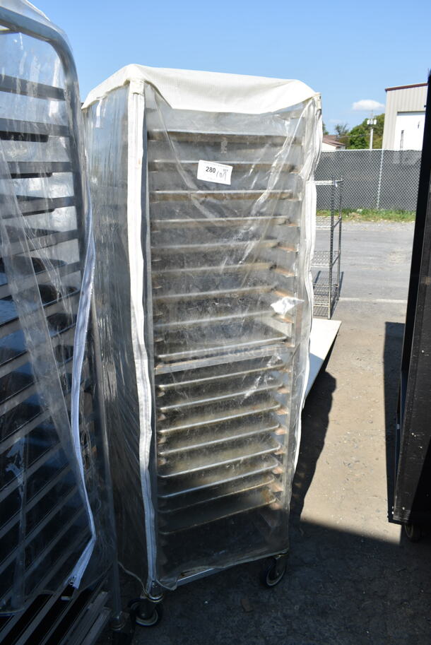 Metal Commercial Pan Transport Rack on Commercial Casters w/ Metal Baking Pans and Clear Cover.  - Image 2 of 8