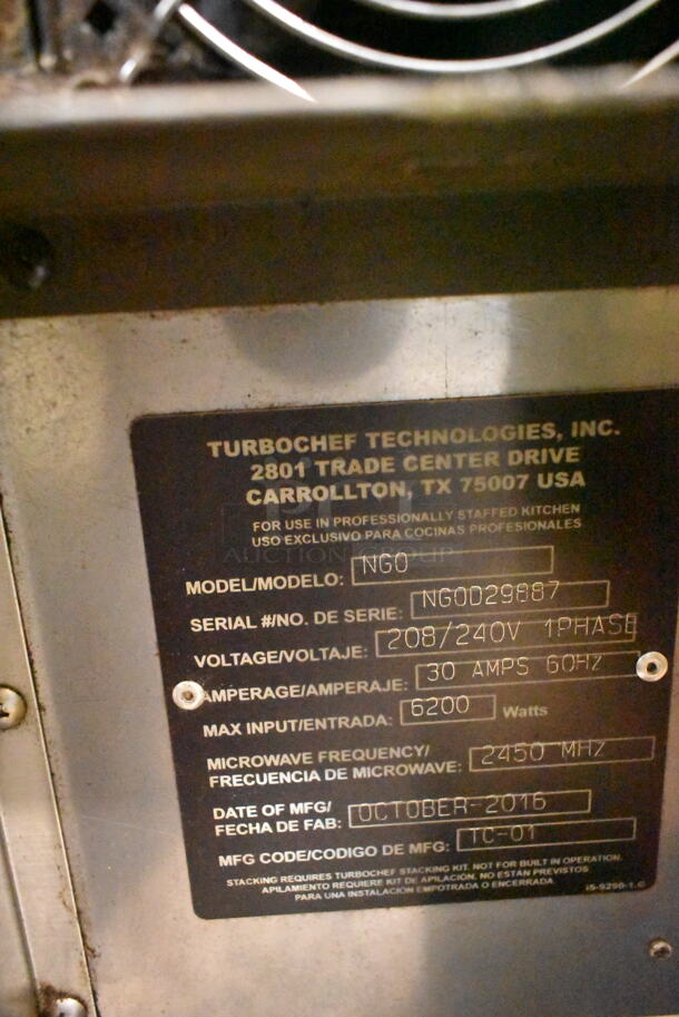 2016 Turbochef NGO Metal Commercial Countertop Electric Powered Rapid Cook Oven. 208/240 Volts, 1 Phase.  - Image 6 of 6
