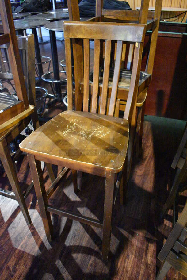 4 Wooden Bar Height Chairs w/ Vertical Back Rest Bars. 17x16x47. 4 Times Your Bid! (lounge) - Image 3 of 4