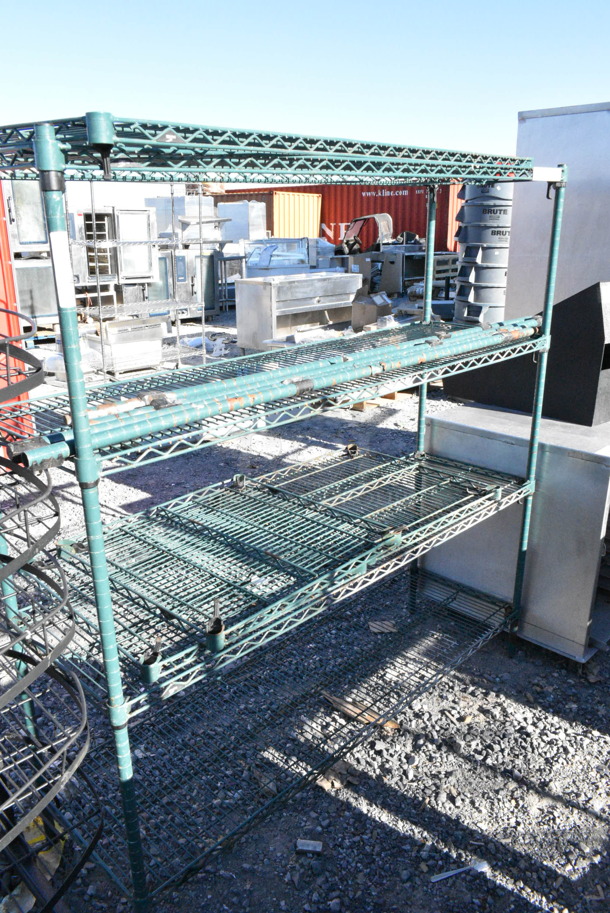 Green Finish 3 Tier Shelving Unit w/ Extra Pieces. BUYER MUST DISMANTLE. PCI CANNOT DISMANTLE FOR SHIPPING. PLEASE CONSIDER FREIGHT CHARGES.  - Image 1 of 3