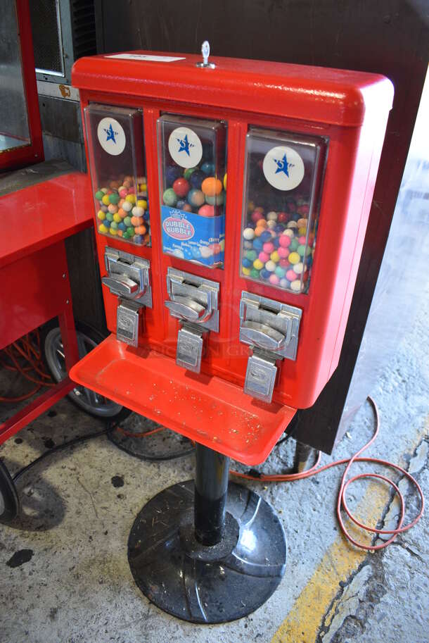 Red Metal Floor Style 3 Well Coin Operated Gum Vending Machine. Comes w/ Key. 16x16x43 - Image 2 of 5