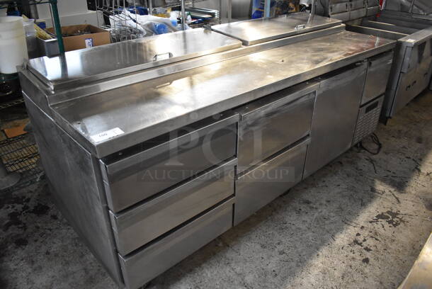 Continental CPA93 Stainless Steel Commercial Pizza Prep Table w/ 5 Drawers and 2 Doors on Commercial Casters. 115 Volts, 1 Phase. 93x34x41. Tested and Powers On But Does Not Get Cold