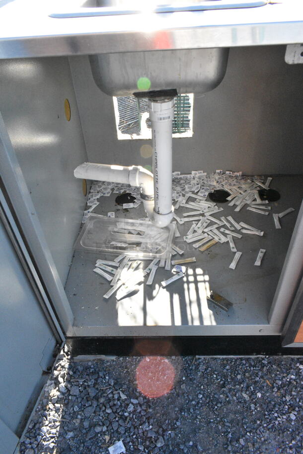 Duke Stainless Steel Commercial Countertop w/ Sink Bay, Faucet, Handle, Back Splash and 2 Wood Pattern Doors.  - Image 3 of 5