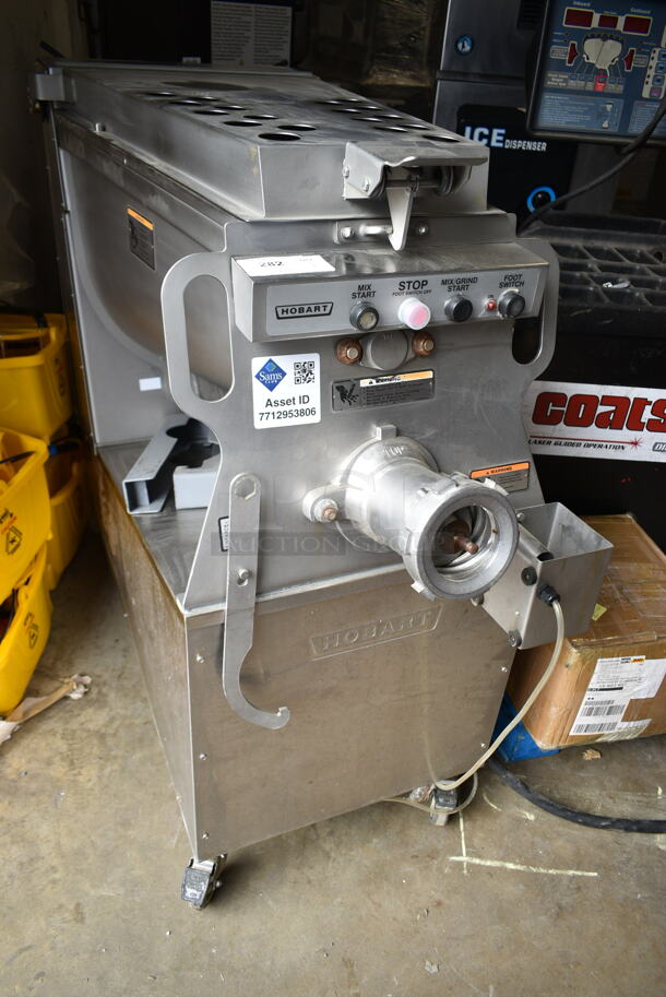 2016 Hobart MG2032 Metal Commercial Floor Style Electric Powered Meat Mixer Grinder w/ Foot Pedal on Commercial Casters. 208 Volts, 3 Phase. Tested and Working! - Image 1 of 5