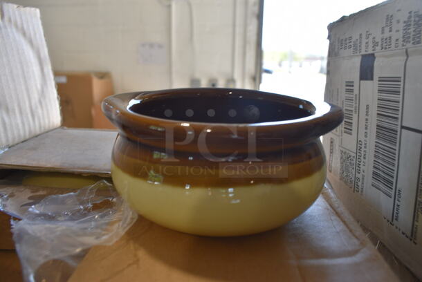 12 BRAND NEW IN BOX! Tuxton B6S-1203 Tan and Brown Ceramic Onion Soup Crock Bowls. 5x4.5x2. 12 Times Your Bid!