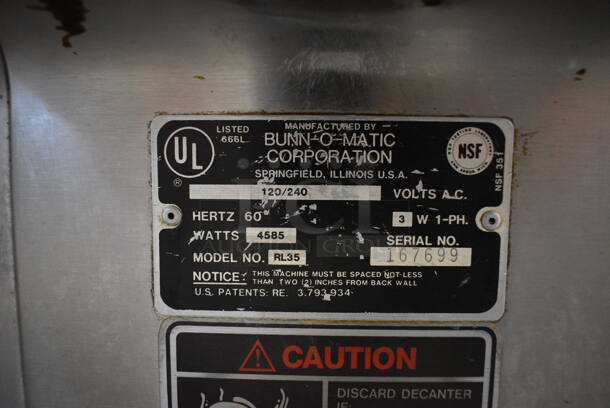 Bunn RL35 Stainless Steel Commercial Countertop 5 Burner Coffee Machine w/ 2 Metal Brew Baskets. 120/240 Volts, 1 Phase. 24x19x24 - Image 7 of 7