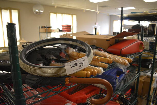 ALL ONE MONEY! Tier Lot of Various Items Including Steering Wheel Cover and Umbrellas