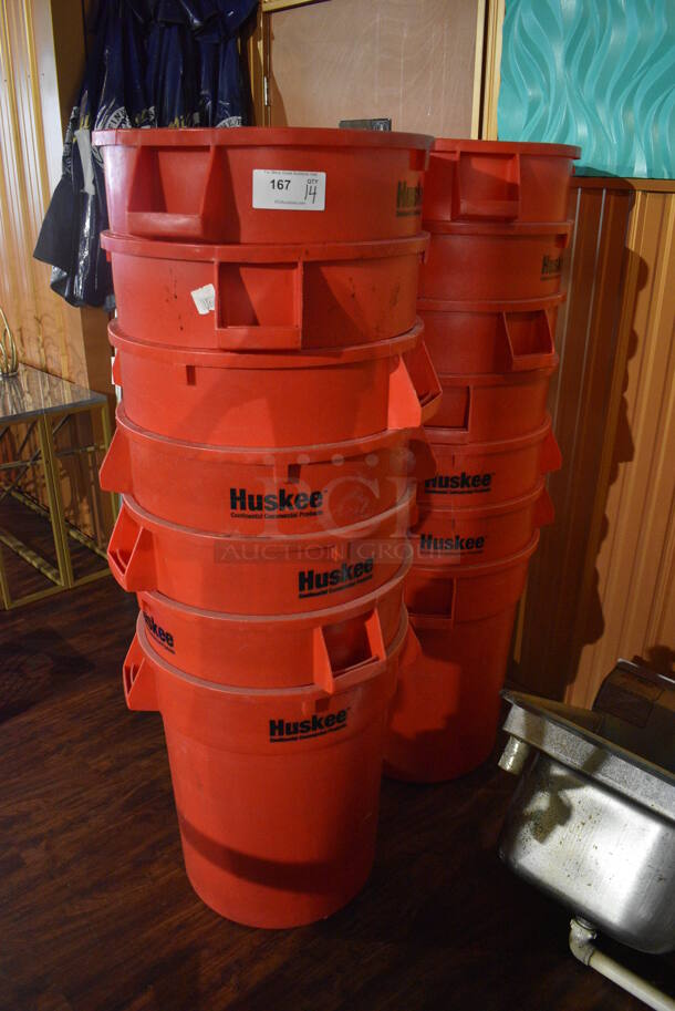 14 Rubbermaid Huskee Red Poly Trash Cans. 25x22x27. 14 Times Your Bid! (bar)