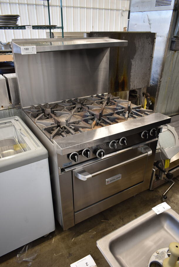 BRAND NEW SCRATCH AND DENT! 2023 Garland G36-6C Stainless Steel Commercial Floor Style Natural Gas Powered 6 Burner Range w/ Convection Oven, Over Shelf and Back Splash.  - Image 1 of 7