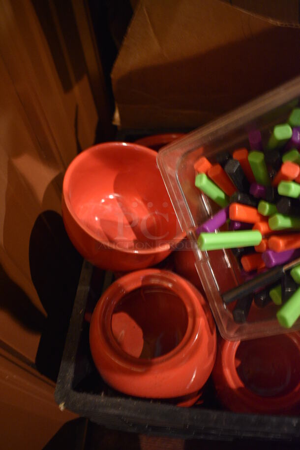 ALL ONE MONEY! Lot of Red Ceramic Fondue Pot Stands and Skewers. (bar) - Image 3 of 4
