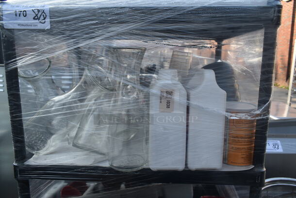 Metal 4 Tier Wire Shelving Unit w/ Contents Including Poly Pitchers. BUYER MUST DISMANTLE. PCI CANNOT DISMANTLE FOR SHIPPING. PLEASE CONSIDER FREIGHT CHARGES. - Image 3 of 6